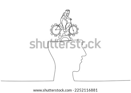 arab man riding bike with gears on head. Single line art style