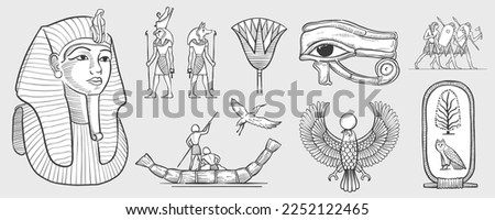 Eye of Horus, Tutankhamun’s pharaoh mask, stork, palm, owl, cartouche, fisherman on papyrus boat, warriors, Horus falcon, Amun Ra, Anubis. Engraving style vector illustration. Ancient historical icons Royalty-Free Stock Photo #2252122465
