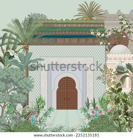 Arabian house, garden, dates tree, palm tree, palace, arch illustration for wallpaper Royalty-Free Stock Photo #2252135181