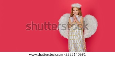 Valentines day banner with angel child pray. Angel child girl with white wings and angels halo, valentines day.