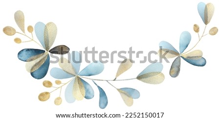 Watercolor blue and gold flowers. Floral border. Royalty-Free Stock Photo #2252150017