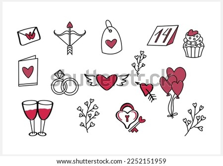 Doodle romantic set icons isolated. Velentine clipart. Sketch for wedding, love or birthday. Outline vector stock illustration. EPS 10