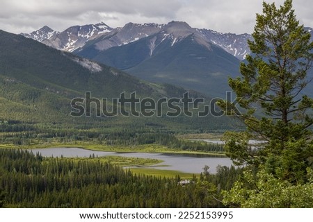  Active recreation in mountains and lake in Banff National Park, Alberta, Canada. Hiking, walks in the forest. Summer tourism. 