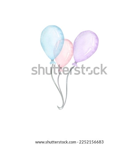 Multicolored balloons watercolor illustration. Hand drawn isolated on white background. Template for your design, Birthday cards, postcards, children's room.