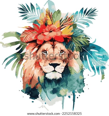 Watercolor lion, animal illustration. African Safari wild cat cute exotic animals face portrait character. Isolated on white poster, invitation design