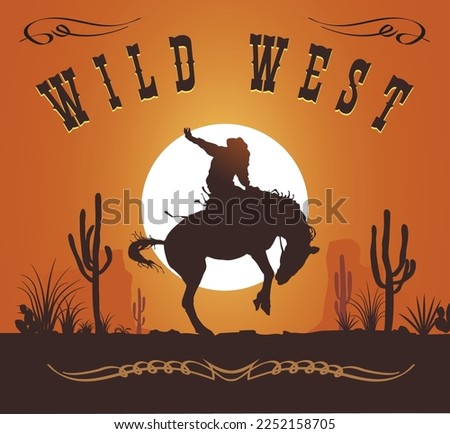 vector image of a cowboy on a horse on the background of the setting sun wild west	
