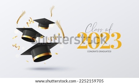 Banner for design of graduation 2023. Graduation caps, golden confetti and serpentine. Congratulations graduates of 2023. Vector illustration for decoration of degree ceremony in social media. Royalty-Free Stock Photo #2252159705