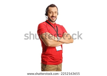 Male dispatcher wearing a headset with hands free microphone and smiling isolated on white background Royalty-Free Stock Photo #2252163655