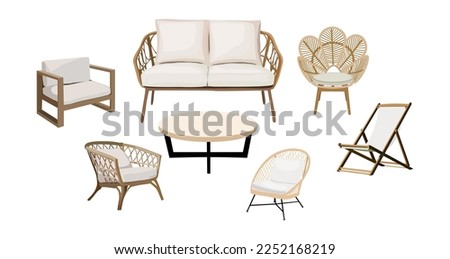 Set of Outdoor, porch zone, garden furniture illustrations. Realistic vector cozy garden yard, boho living room furniture - different rattan armchairs, coffee table, sofa isolated on white background.