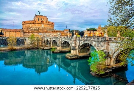 Mausoleum of Hadrian, known as Castel Sant Angelo (English: Castle of the Holy Angel), Rome, Italy. Bridge and Castle Sant Angelo in Rome, Italy. Built in ancient Rome. Architecture of Rome and Italy. Royalty-Free Stock Photo #2252177825