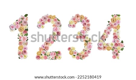 Set with numbers made of beautiful rose flowers on white background