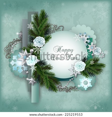 Vintage multilayer card for the winter holidays in scrapbooking style with space for text. New Year or Christmas template