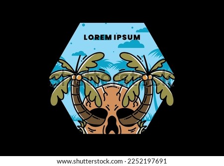 illustration badge design of two coconut trees growing on a skull