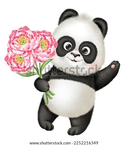 Cute baby panda with a bouquet of flowers waves his paw. Illustration isolated on white background. Perfect for poster design, baby textiles, invitations, greeting cards, stickers, postcards.