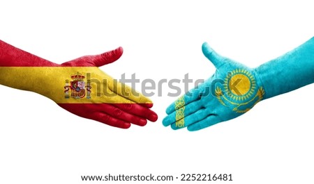 Handshake between Kazakhstan and Spain flags painted on hands, isolated transparent image.