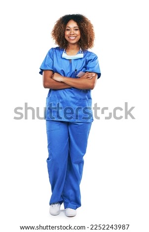 Happy, smiling and portrait of a black woman with arms crossed isolated on a white background in studio. Medical expert, healthcare and African nurse with a smile, pride and confidence for surgery