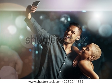 Couple of friends, phone or selfie on party dance floor in nightclub event, bokeh disco or birthday celebration. Smile, happy or bonding people on mobile photography, social media or profile picture