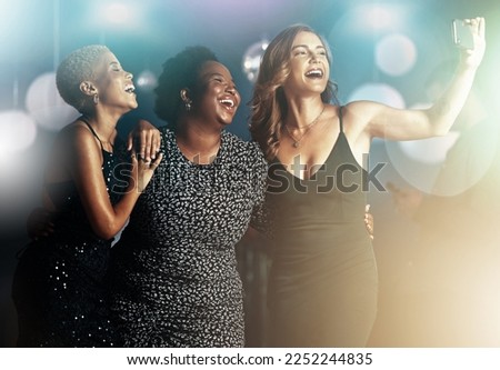 Friends, laughing or phone selfie on party dance floor in nightclub event, bokeh disco or birthday celebration. Smile, happy or bonding women on mobile photography for social media or profile picture