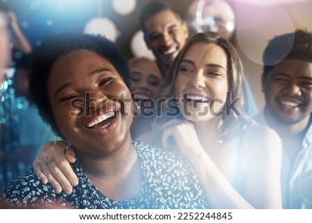 Happy people, portrait or phone selfie on party dance floor in nightclub event, bokeh disco or global celebration. Smile, bonding or friends on mobile photography pov, social media or profile picture