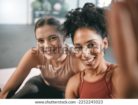 Fitness, friends and portrait at the gym for selfie, happy and smile before exercise routine. Workout, face and girls pose for photo, profile picture or post after training, cheerful and satisfied