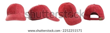 Blank red baseball cap mockup template isolated on white background. Set