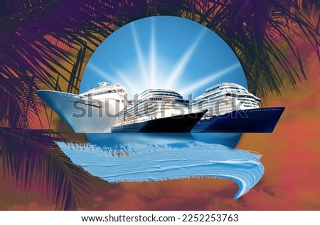 Abstract cruise ships or big liners in open water with tropic palm background . Collage or design about travel and vacations concept
