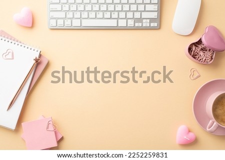 Valentine's Day concept. Top view photo of keyboard computer mouse reminder pen sticky note paper clips candles cup of coffee on saucer on isolated pastel beige background with copyspace in the middle