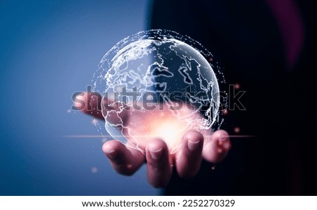 Business Woman hand with virtual world Earth map and collaboration network connection together, international teamwork Management technology planet.