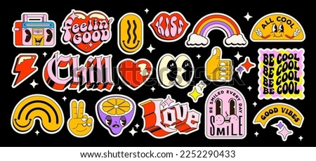 Set of nostalgic pop art sticker pack. Collection of funny and cute emoji and vintage lettering badges and graphic elements isolated on black background. Vector illustration Royalty-Free Stock Photo #2252290433