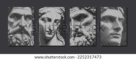 Antique greek statues in engraved line pattern. Renaissance sculpture in modern guilloche design. Roman statue faces, textured artwork. Vector illustration for poster, cover, wall art, banner Royalty-Free Stock Photo #2252317473