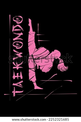 Taekwondo girl pink black stencil silhouette drawing.Calligraphy word text lettering calligraphic strokes in the Japanese character style.T shirt print.Sport.Wrestling.Karate.Vinyl wall sticker decal Royalty-Free Stock Photo #2252321685