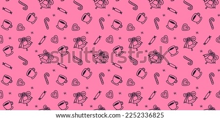 Vector christmas illustration of black line winter holiday object on pink color background. Flat line art style design of seamless pattern with sweet cane, coffee cup, cookie for web, site, banner