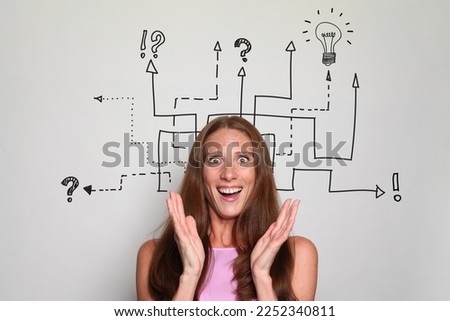 Surprised mature brunette woman with labyrinth above her head. Idea, brainstorming, thinking concept