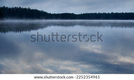 Night mystical landscapes. Milky fog over the lake and its reflection in stagnant water. Panorama