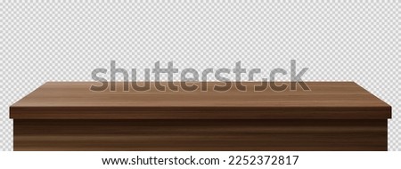 Dark brown wooden table foreground, tabletop front view, brown rustic countertop of wood surface. Retro dining desk or plank texture isolated on transparent background, realistic 3d vector mock up Royalty-Free Stock Photo #2252372817