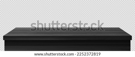 Black wooden table foreground, tabletop front view, brown rustic countertop of wood surface. Retro dining desk or plank texture isolated on transparent background, realistic 3d vector mock up Royalty-Free Stock Photo #2252372819