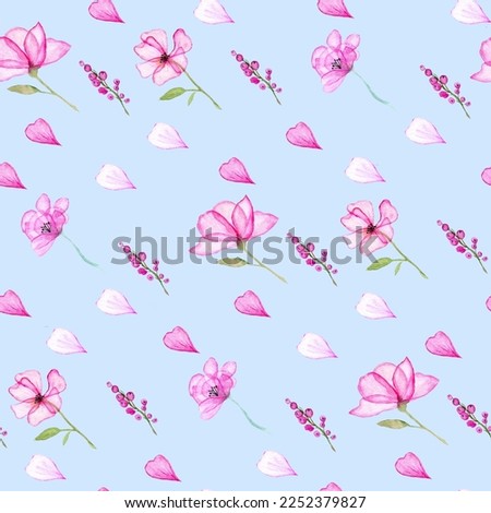 Pink Flowers Watercolor Pattern on Light Background. Hand drawn illustration.