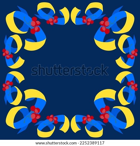 Decorative frame made of number 9. Ribbon font with red viburnum. Traditional Ukrainian symbols. Ethnic pattern in yellow and blue colors.