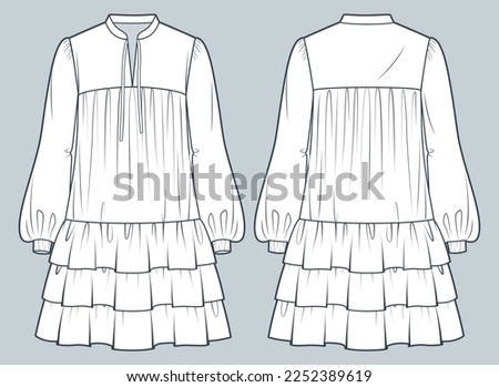 Tiered Mini Dress technical fashion illustration.  Ruffled Dress fashion  technical drawing template, frill details, long sleeve, collar, oversize, front and back view, white color, women CAD mockup. Royalty-Free Stock Photo #2252389619
