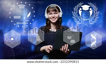 Portrait of teenage student girl in headphones with laptop