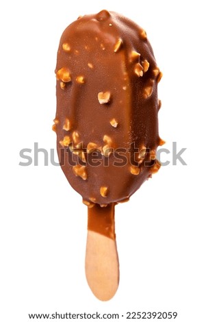 Ice cream in a glaze of milk chocolate and nuts on a wooden stick. Isolate on a white background