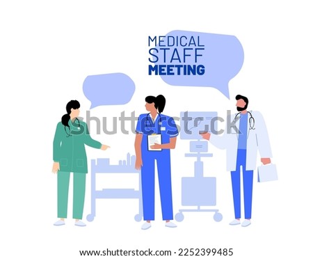 Doctor meeting concept. Vector illustration. Teamworking inside a group of medical professionals. Group of medical workers in conversation in hospital environment. Team brainstorming and discussion. 