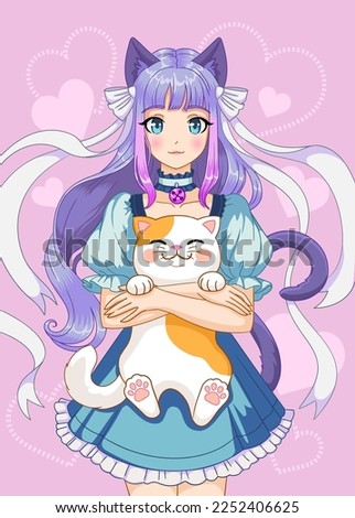 Cute anime girl holding a cat in her arms. Cartoon vector illustration Royalty-Free Stock Photo #2252406625