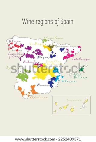 Spain wine map. Map of Spain vineyards with wine regions in Spanish language, like La Rioja, Galicia, Catalunya Royalty-Free Stock Photo #2252409371