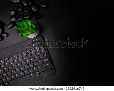 A black wireless keyboard and green plant on a black background.
