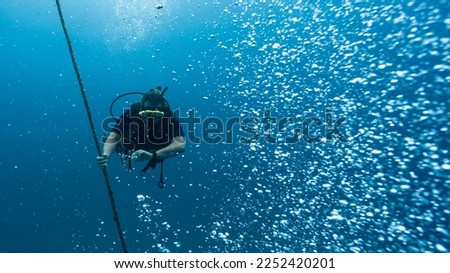 professional diver checking his dive computer to ascend safely. holding on to a rope Royalty-Free Stock Photo #2252420201
