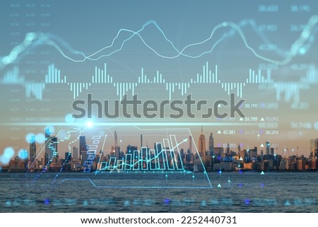 New York City skyline from New Jersey over Hudson River with Hudson Yards skyscrapers at sunset. Manhattan, Midtown. Forex graph. The concept of internet trading, brokerage and fundamental analysis