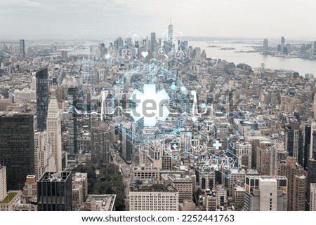 Aerial panoramic city view, Lower Manhattan, Midtown, Downtown, Financial district, West Side at day time, NYC, USA. Health care digital medicine hologram. Concept of treatment and disease prevention