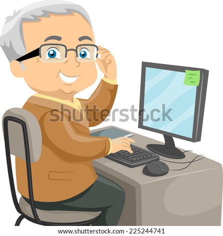 Illustration Featuring an Elderly Male Using the Computer