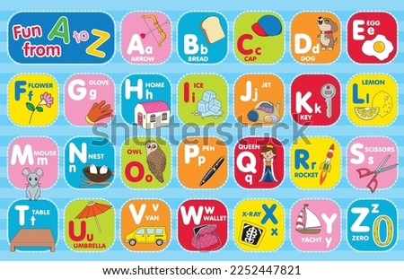 Alphabets and letter illustration with cute blue background design for kids education